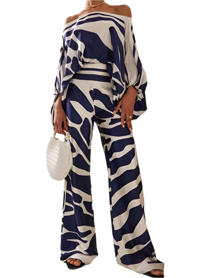 Satin 2-piece Coord Set -Off Shoulder Lantern Sleeve Top & Wide Leg Pants - The GoatFind