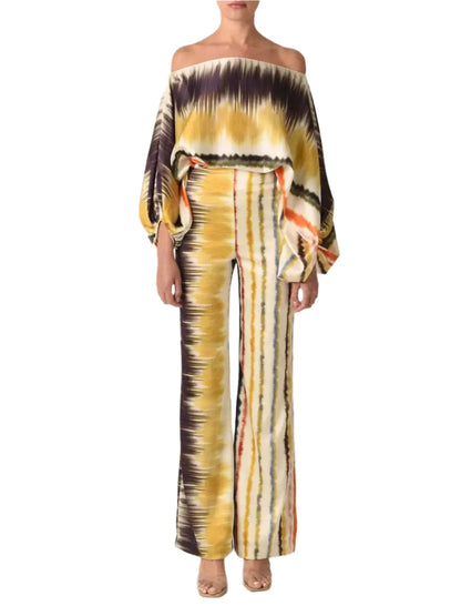 Satin 2-piece Coord Set -Off Shoulder Lantern Sleeve Top & Wide Leg Pants - The GoatFind