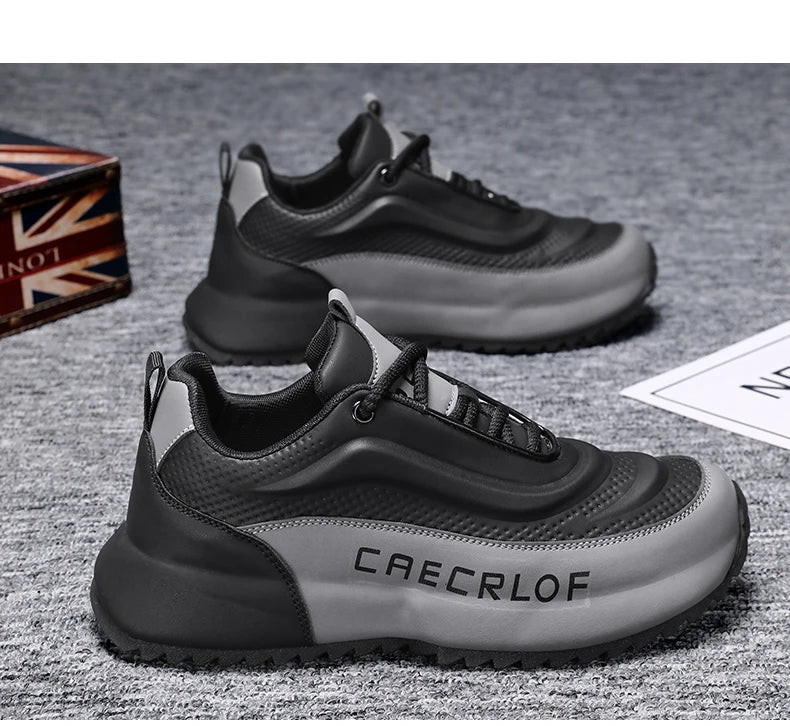 Black and gray sneakers with 'CAECLROF' branding on a textured surface.