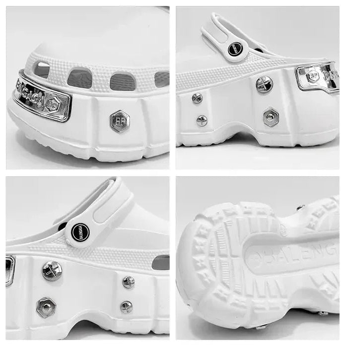 A four-panel detail collage of a chunky white platform clog shoe, showing close-up views of the side, front, heel, and outsole against a light gray background. Text at the top reads 'DETAILS / 实物细节'.