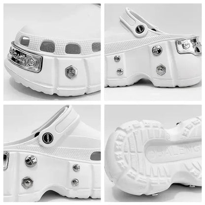 A four-panel detail collage of a chunky white platform clog shoe, showing close-up views of the side, front, heel, and outsole against a light gray background. Text at the top reads 'DETAILS / 实物细节'.
