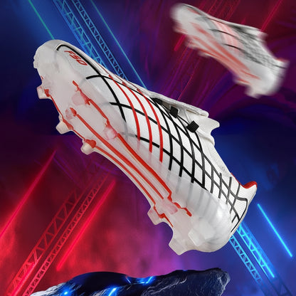 White soccer cleats with black and red design on a dark background, featuring text about anti-torque technology.