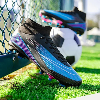 Black and blue soccer cleat on grass with a soccer ball in the background