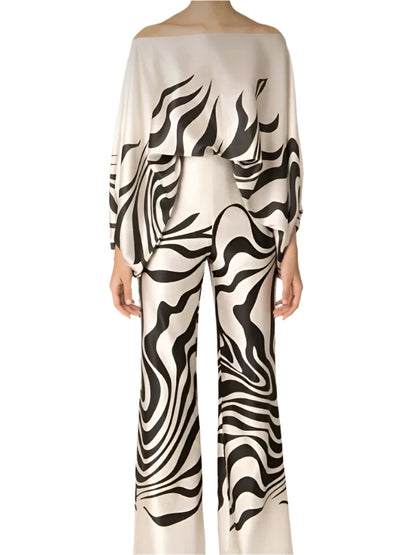 Satin 2-piece Coord Set -Off Shoulder Lantern Sleeve Top & Wide Leg Pants - The GoatFind