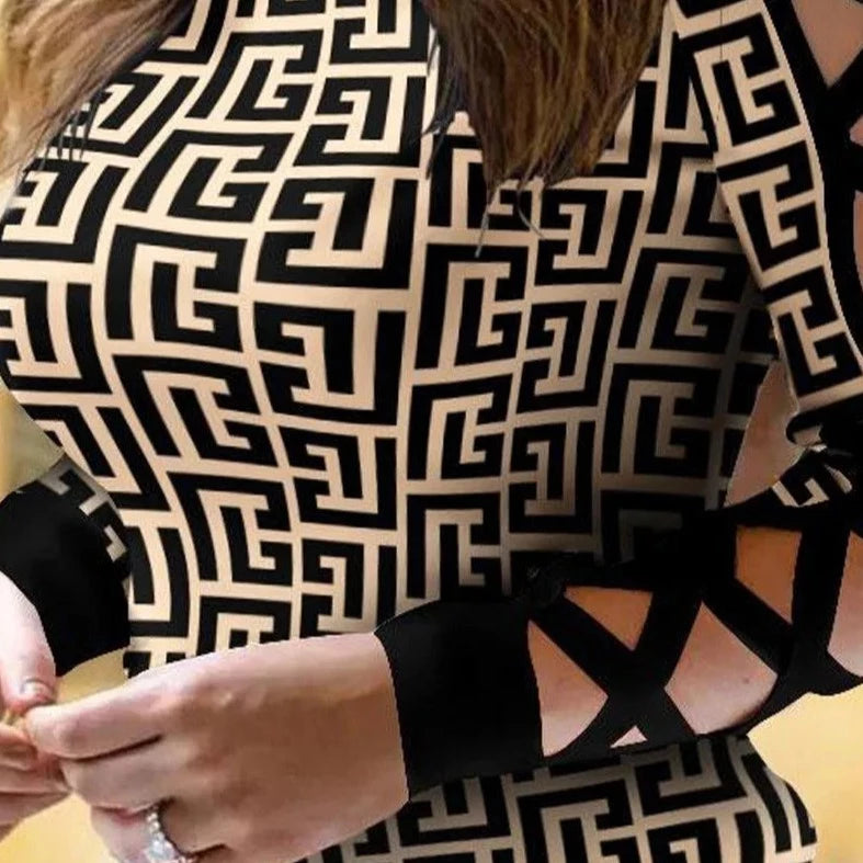 Chic Designer Geometric Print Cold Shoulder Gladiater Sleeve Top Womens