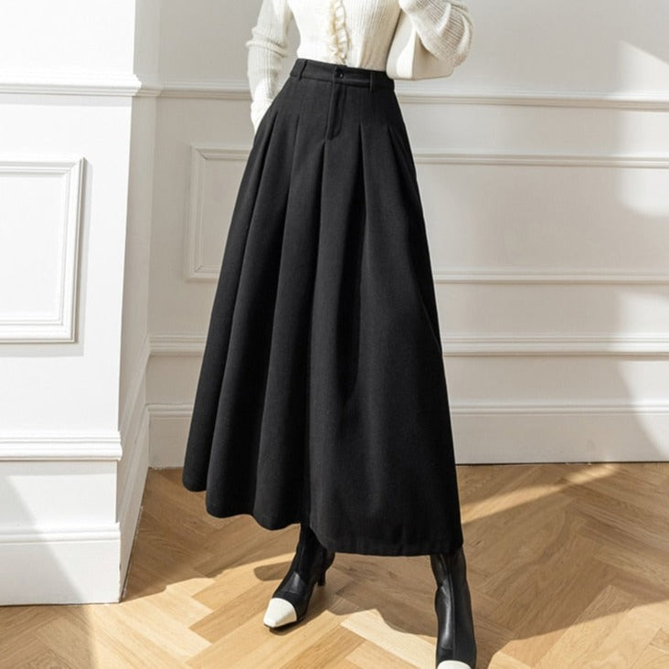 Accordian A Line High Waist Women's Long Woolen Skirt