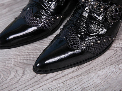 Punk Style Leather Cowboy Shoes/High Ankle Boots wt Metal Pointed Toe Buckle Men - The GoatFind