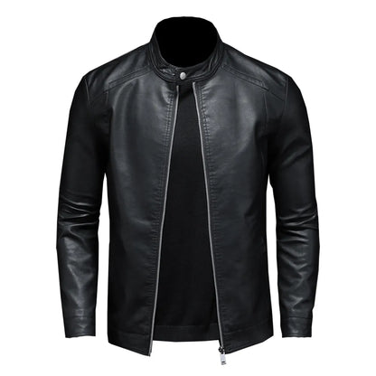 Mens Black Slim PU Leather Jacket- Stand Collar with Chain up - The GoatFind