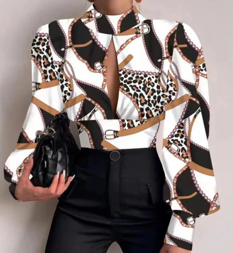 Chic Puffed Shoulder Gold Print Designer Shirts/Crop Top Long Sleeve Blouse - The GoatFind
