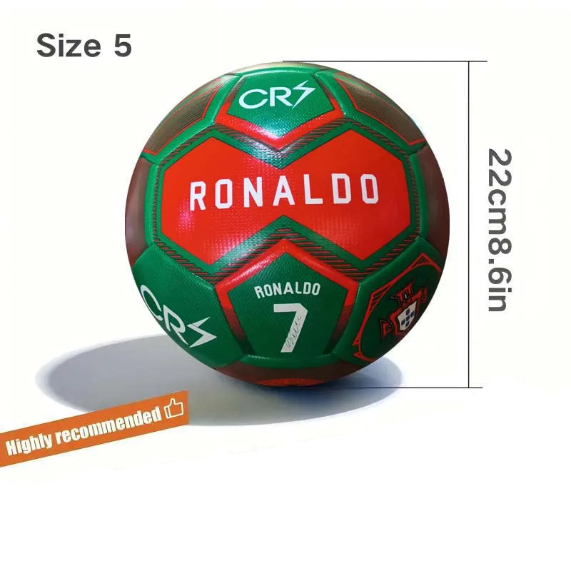 Soccer ball with 'RONALDO' branding and size 5 label, featuring dimensions and additional items like an air supply needle and ball net.