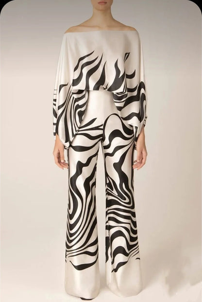 Satin 2-piece Coord Set -Off Shoulder Lantern Sleeve Top & Wide Leg Pants - The GoatFind