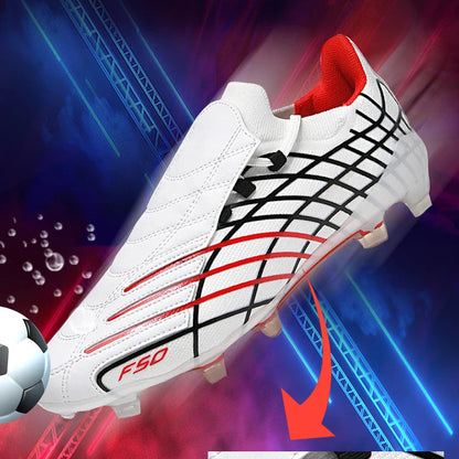 White soccer cleats with red and black details on a blue and red gradient background