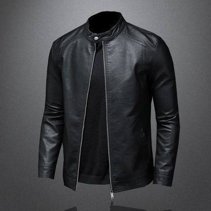 Mens Black Slim PU Leather Jacket- Stand Collar with Chain up - The GoatFind