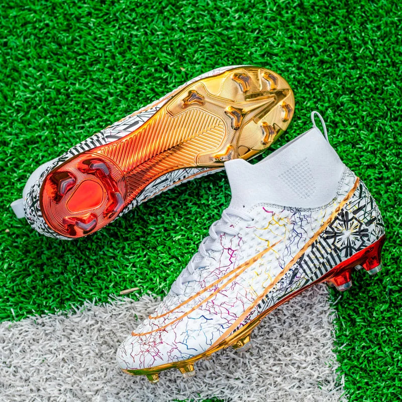 CR7 Ronaldo Style High Top Golden Soccer Cleats/Gold Plated Soles - The GoatFind Rainbow Gold / 3.5, Rainbow Gold / 4, Rainbow Gold / 5, Rainbow Gold / 5.5, Rainbow Gold / 6, Rainbow Gold / 6.5, Rainbow Gold / 7, Rainbow Gold / 8, Rainbow Gold / 9, Rainbow Gold / 9.5