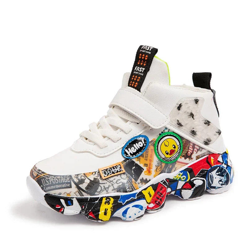 DCUK Boys & Girls High-Top Grafitti Kids Sneakers | Basketball Shoe