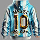 Hoodie with 'Messi 10' print in blue, white, and gold on a dark background