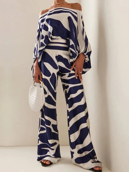 Satin 2-piece Coord Set -Off Shoulder Lantern Sleeve Top & Wide Leg Pants - The GoatFind