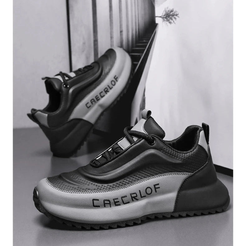 Black and gray sneakers with 'CAECLROF' branding on a light background