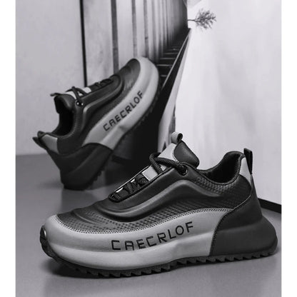 Black and gray sneakers with 'CAECLROF' branding on a light background