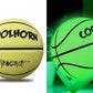 Basketball with 'COOLHORN' branding under daytime and night effects, highlighting luminescence principle.