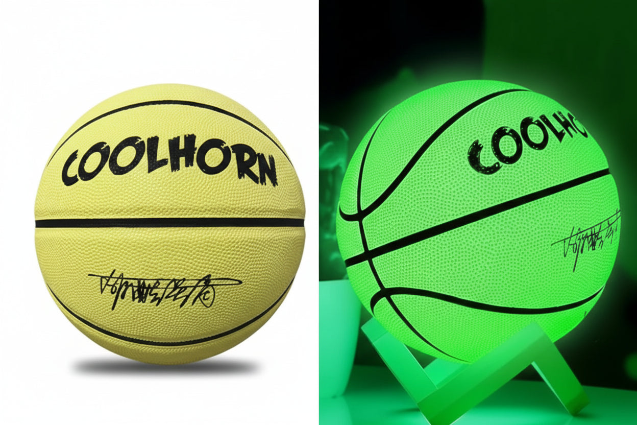 Basketball with 'COOLHORN' branding under daytime and night effects, highlighting luminescence principle.