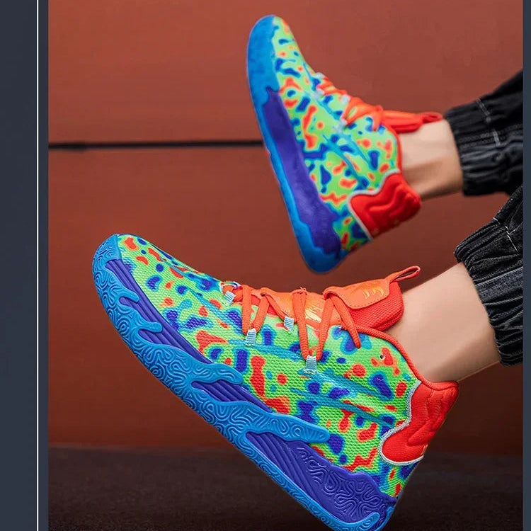 Colorful sneakers with a multicolor pattern worn by a person against a brown background