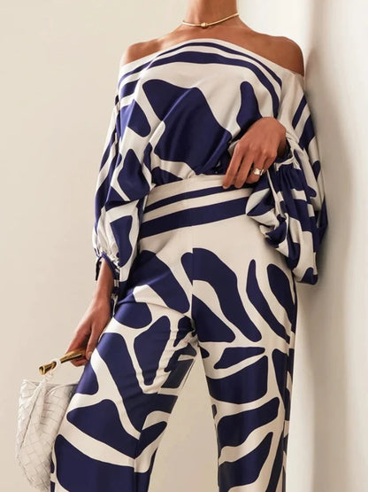 Satin 2-piece Coord Set -Off Shoulder Lantern Sleeve Top & Wide Leg Pants - The GoatFind