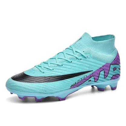 Light blue soccer cleat with purple accents on a white background