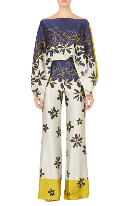 Satin 2-piece Coord Set -Off Shoulder Lantern Sleeve Top & Wide Leg Pants - The GoatFind