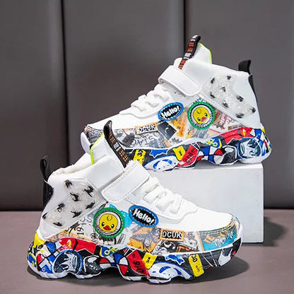 DCUK Boys & Girls High-Top Grafitti Kids Sneakers | Basketball Shoe