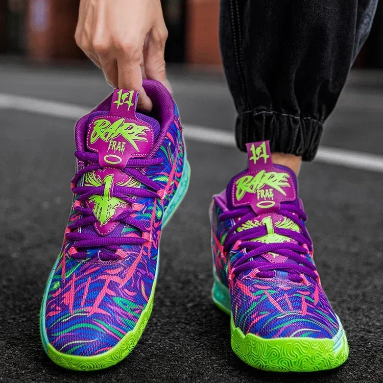 Colorful basketball shoes with a brand logo on a blurred court background