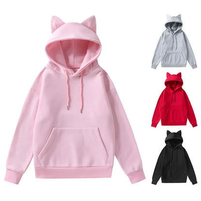 Women's Solid Sweatshirt Pullovers with Cat Ears/Loose Hoodies - The GoatFind