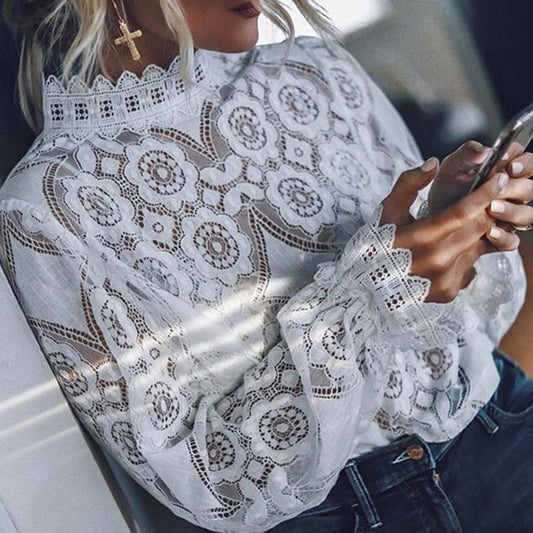 White Embroidery Long Sleeve Lace Blouse Women - The GoatFind
