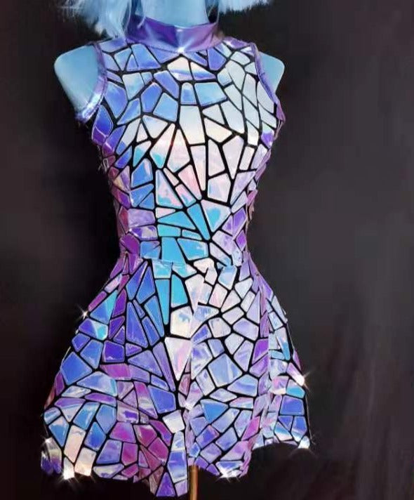 Purple Blue Designer Mirror Sleeveless Short Dress