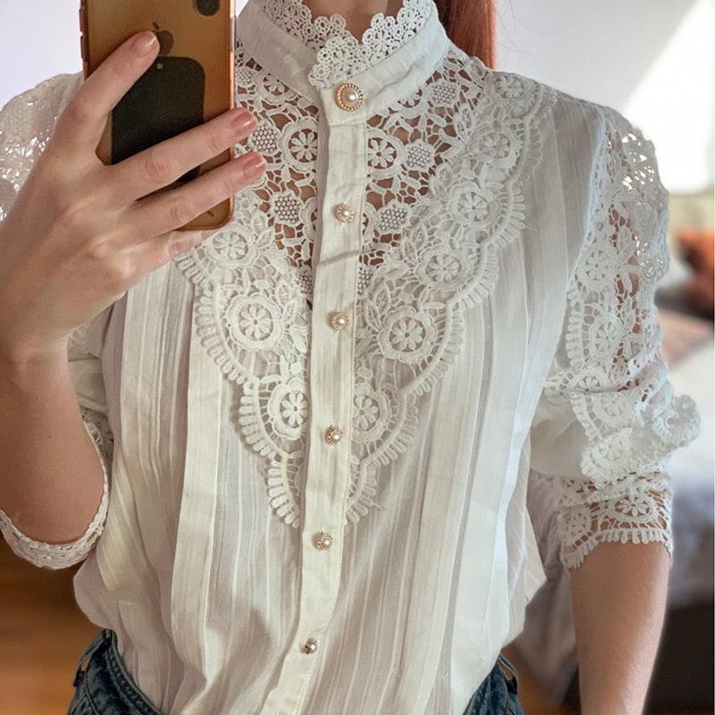 Womens Lace & Ruffles Vintage White Blouse Shirt Top - The GoatFind