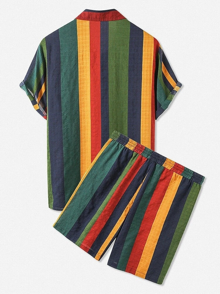 Rainbow Striped Cotton Coord Hawaiian Summer Shirts & Shorts Set Men