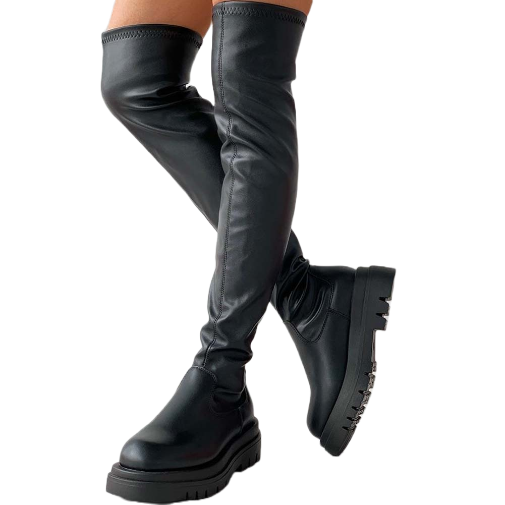 PU Leather Chunky Thigh High Boots Heels/Over The Knee Boots Women Shoes - The GoatFind