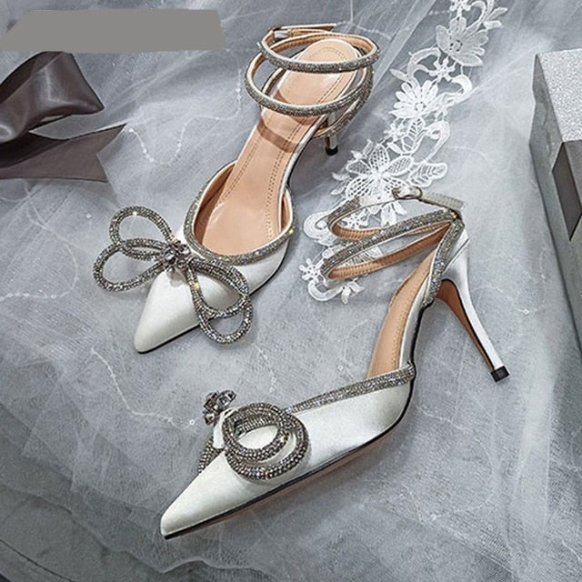 Butterfly-Knot Bling Crystal Pointed Toe Pumps High Heels - The GoatFind