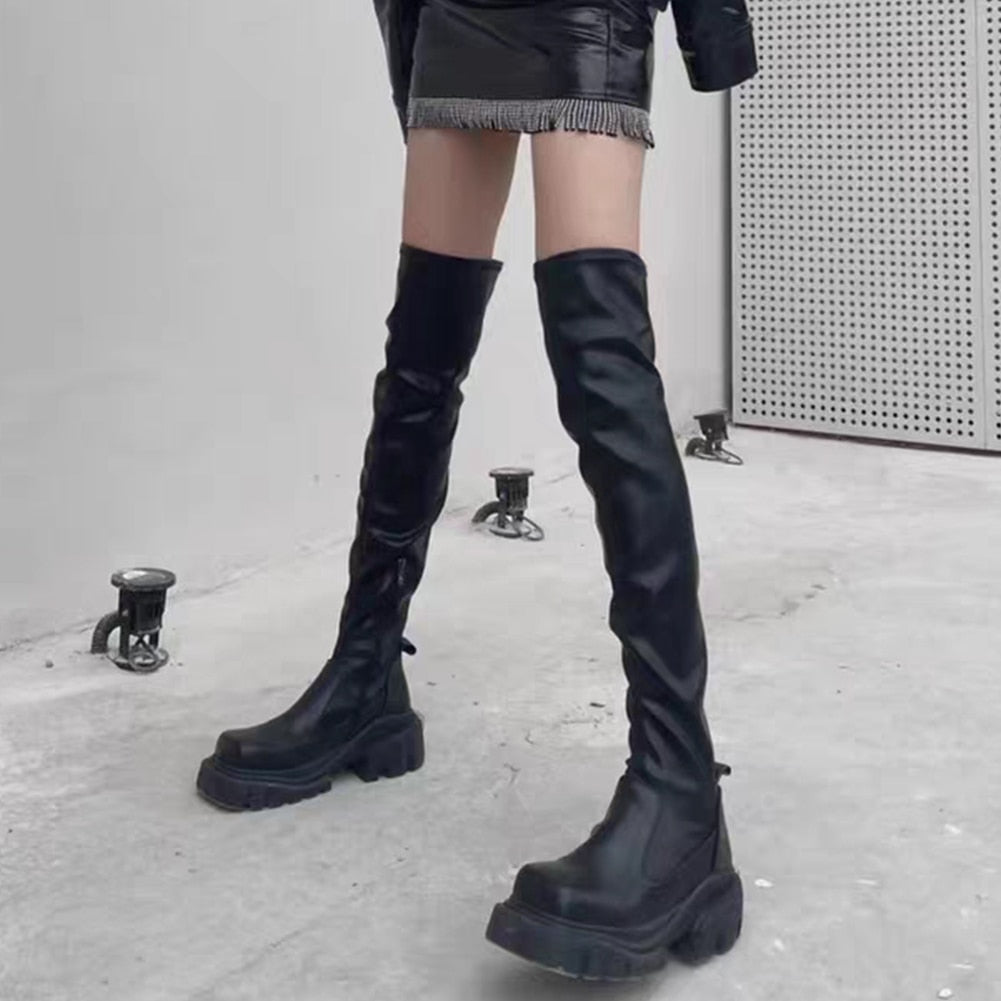 PU Leather Chunky Thigh High Boots Heels/Over The Knee Boots Women Shoes - The GoatFind