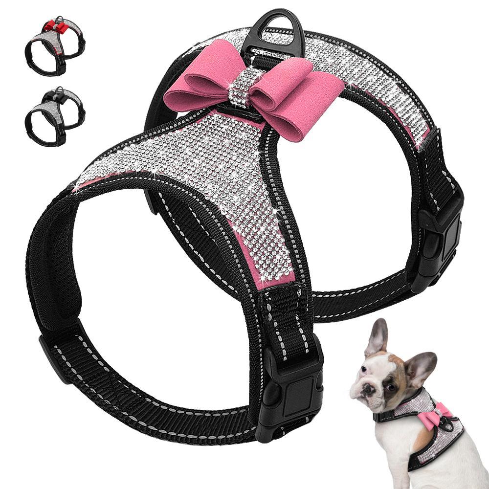 Rhinestone Blinged Dog Vest Harness/Nylon Small Medium Dogs Bowknot Reflective Pug Frenchie Bling Diamonds The GoatFind 
