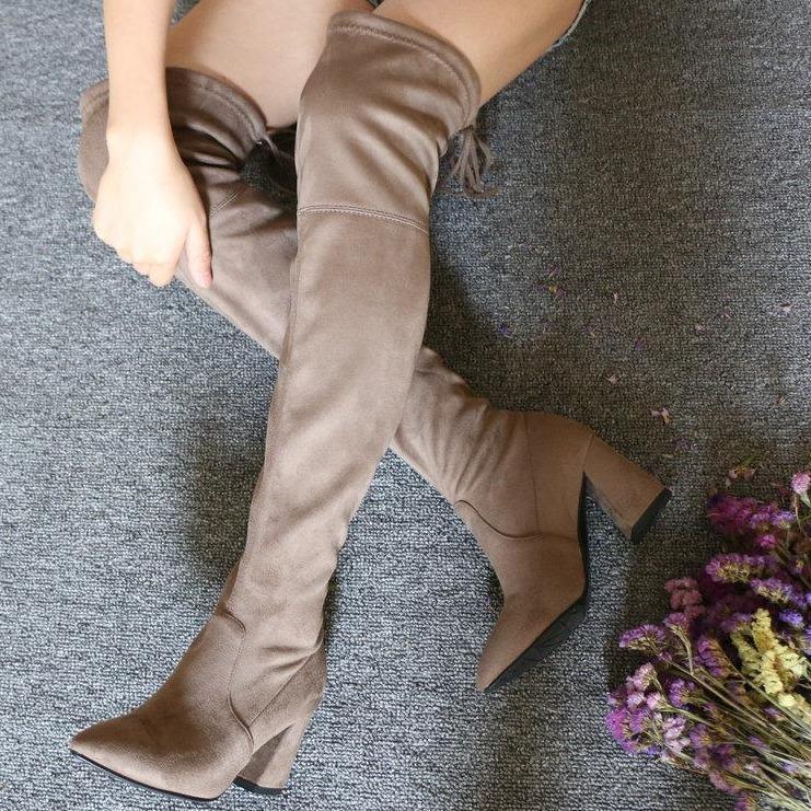 Chic Flock Leather Over The Knee Thigh High Boots - The GoatFind