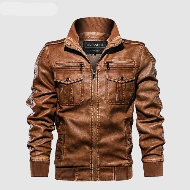 Classic PU Leather Jacket/Biker Faux Leather Zipper Pocket Jacket Coat The GoatFind 02 Khaki XXL 