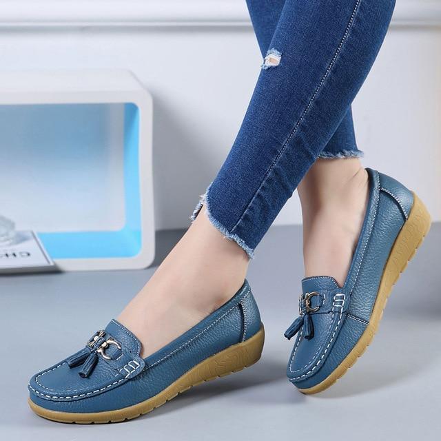 Womens Flat Boat Shoes with Bow knot/Leather Moccasins Flats Ballerina Ladies Shoe Black Red White Blue The GoatFind Light blue 5 