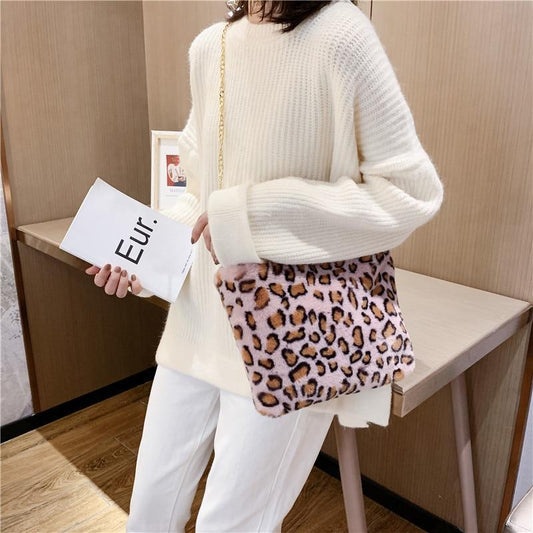 Leopard Animal Print Plush Shoulder bag/ Soft fur handbag - The GoatFind