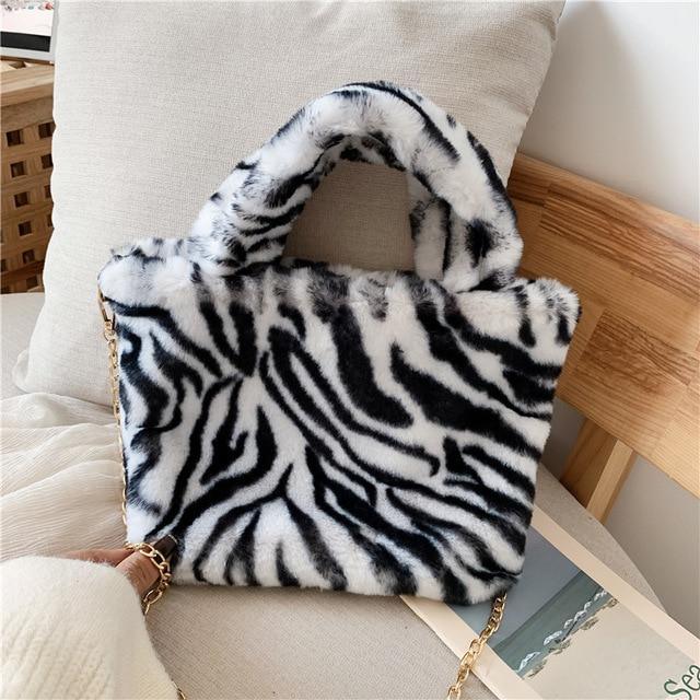 Leaopard Animal Print Plush Shoulder bag/ Soft fur handbag The GoatFind Black Tiger 