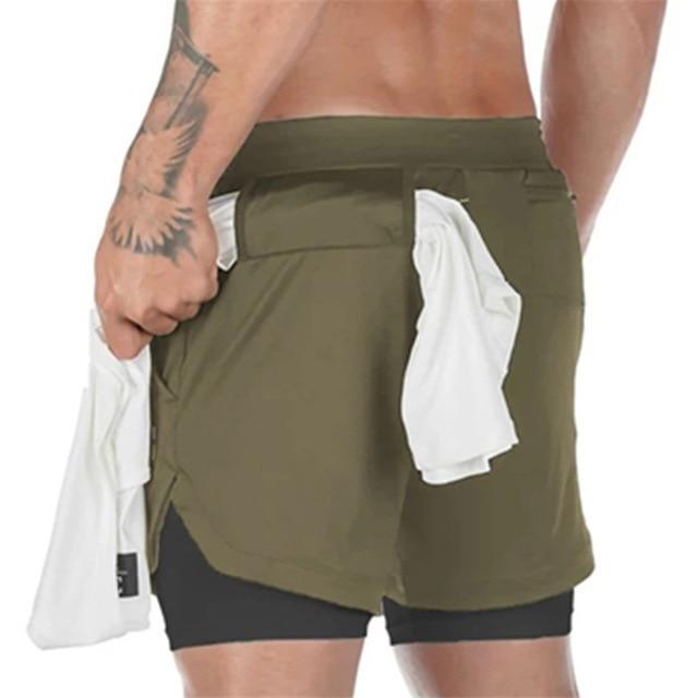 Mens Camo Running Short Pants/Double Layer Double-deck Quick Dry GYM Fitness Sport Workout Shorts The GoatFind Army green L (175cm 145 lbs) 