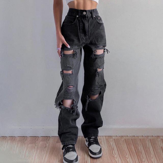 Womens Brown Ripped Distressed Jeans/High Waist Loose Jeans - The GoatFind Black / 0, Black / 2-4, Black / 6-8, Black / 10-12, Brown / 0, Brown / 2-4, Brown / 6-8, Brown / 10-12