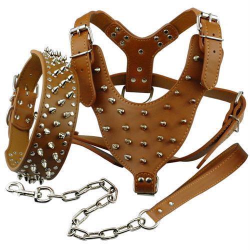 Spiked Studded Leather Dog Harness Vest wt Collar & Leash Set The GoatFind Coffee M 