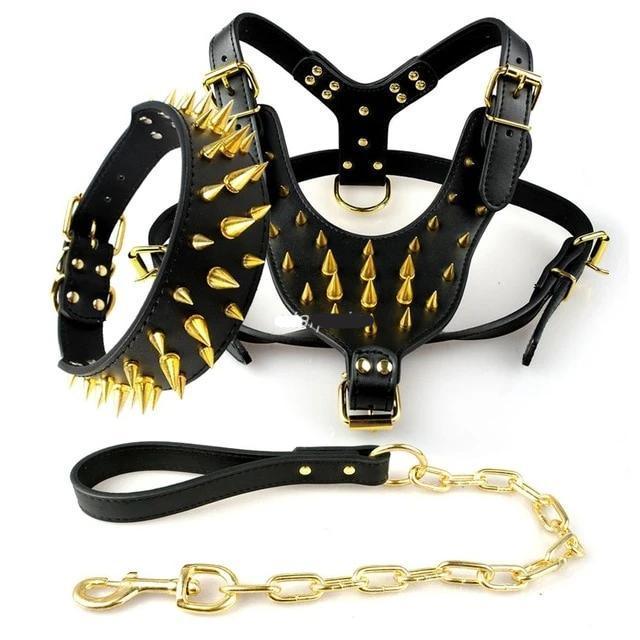 Spiked Studded Leather Dog Harness Vest wt Collar & Leash Set The GoatFind Gold M 