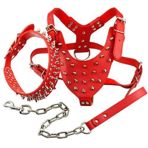 Spiked Studded Leather Dog Harness Vest wt Collar & Leash Set The GoatFind Red M 